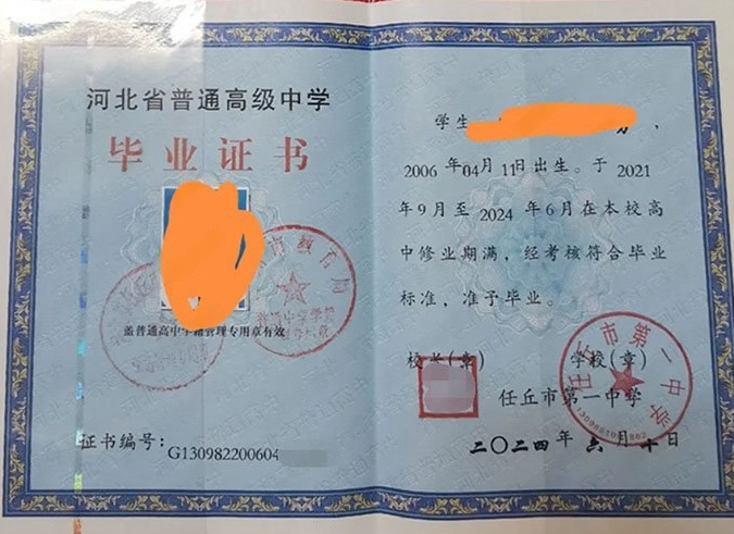 集美任丘市第一中学高中毕业证样本图片